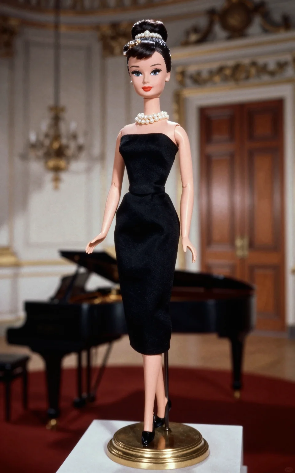 A Barbie doll in a black dress on a piano-room set.