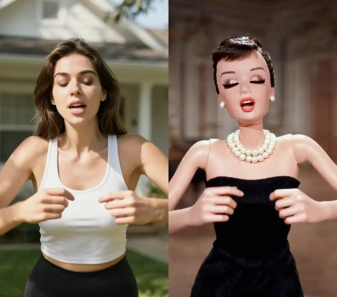 Side-by-side: a person fidgeting nervously on the left, the doll fidgeting in sync on the right.