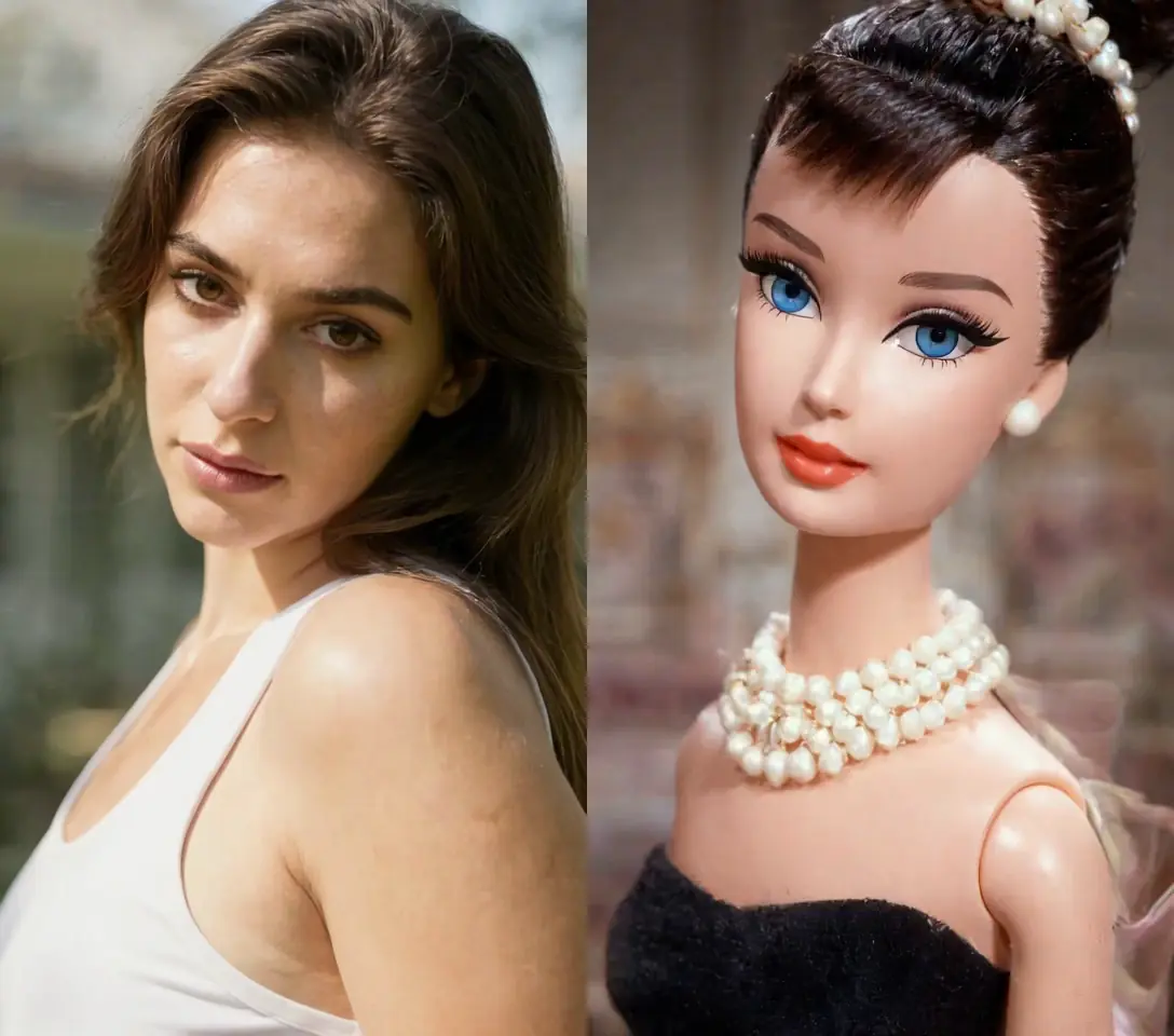 Side-by-side: a person dancing on the left, the doll dancing in sync on the right.